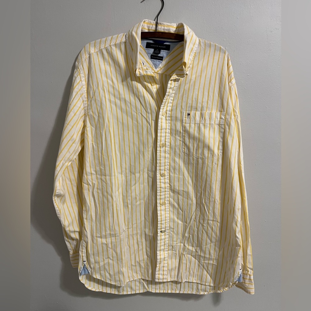 Tommy Hilfiger Shirt Mens M Yellow Striped Button Up Long Sleeve